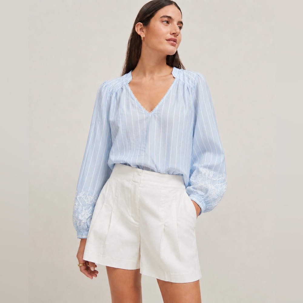 RW&CO. - Light Blue Embroidered Blouse Cotton Blend | Romantic Balloon Sleeves
